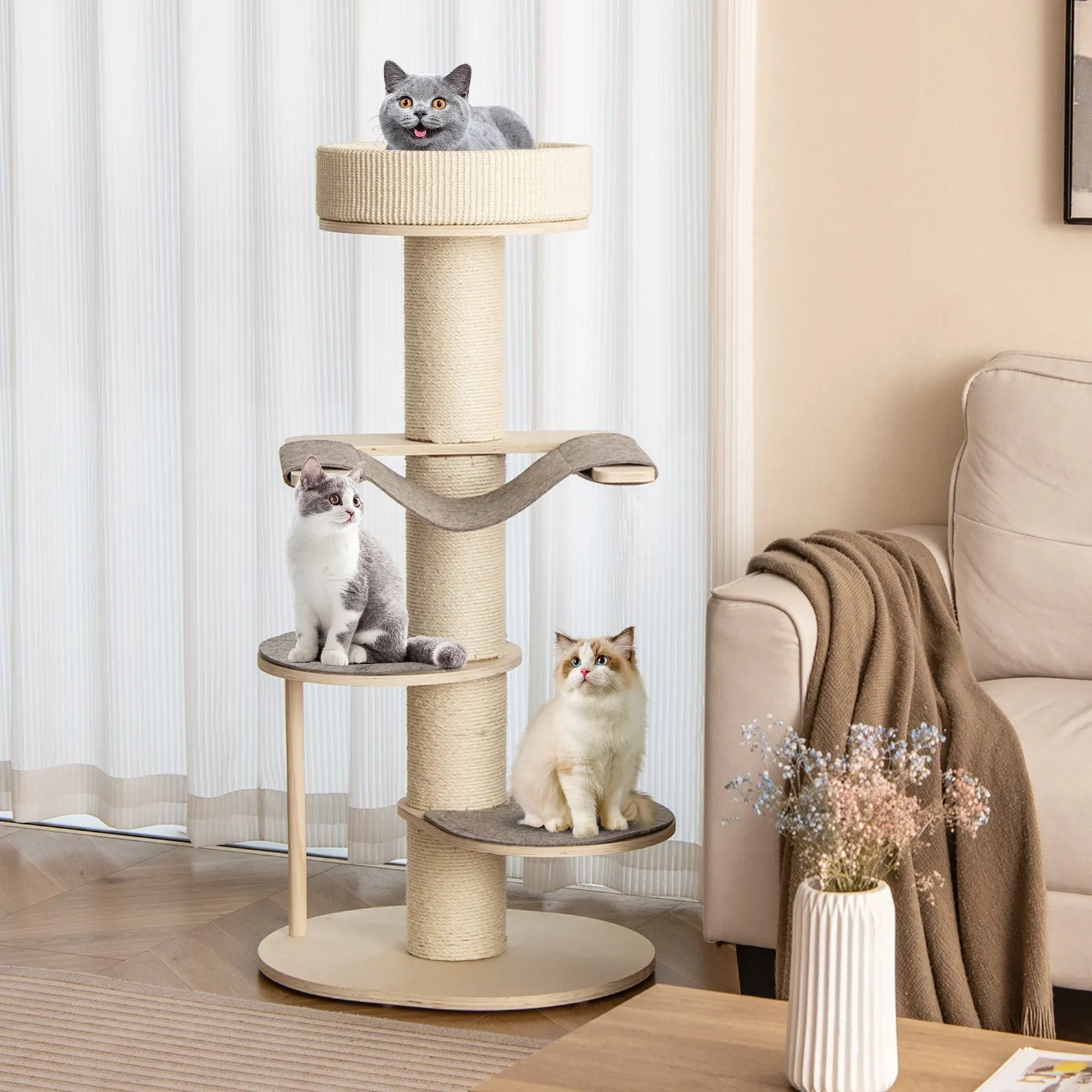 120 CM Multi-layer Cat Tower with Sisal Covered Scratching Posts and Carpet-Grey