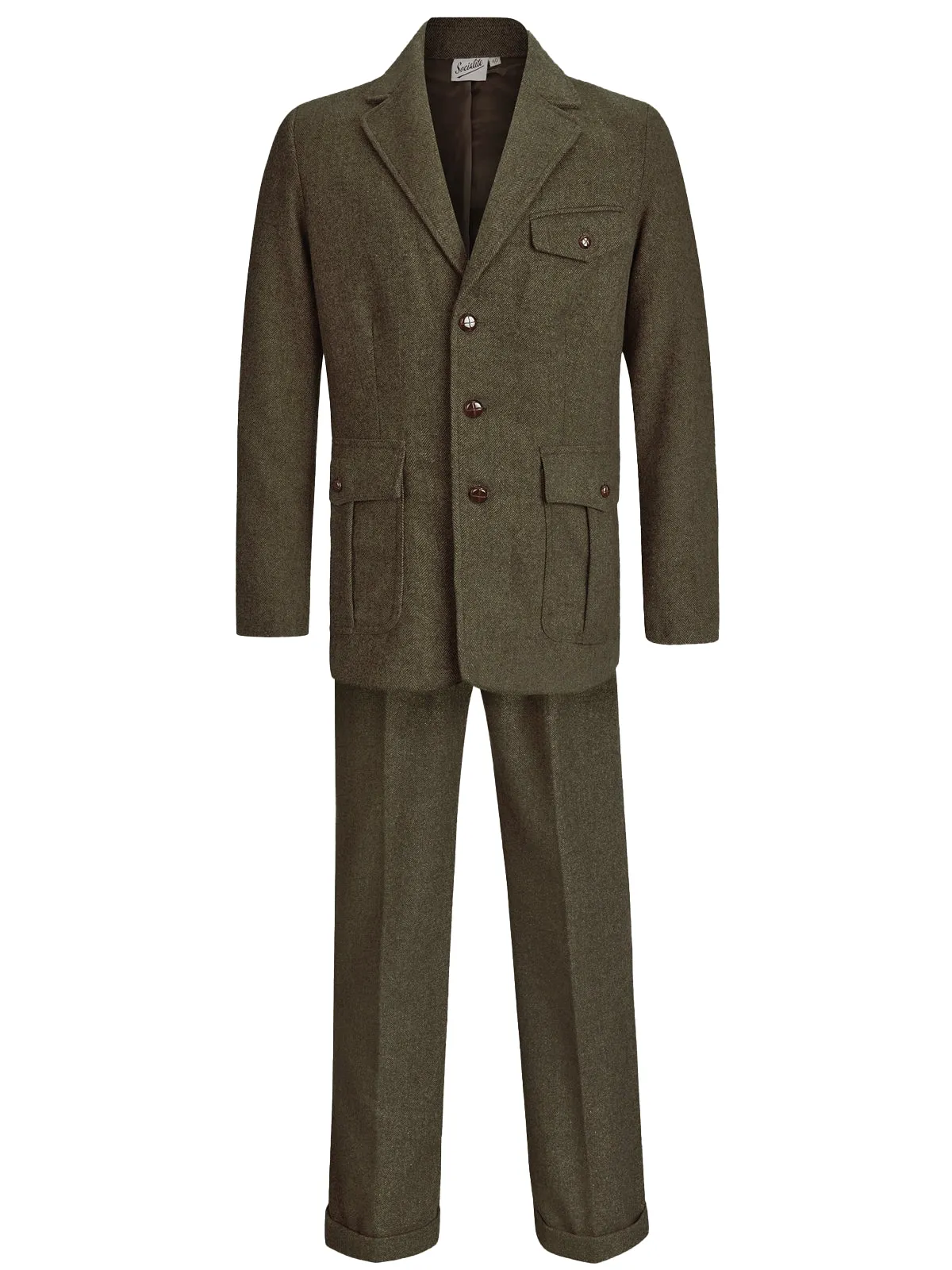 1940s Vintage Clubman Green Herringbone Wool Suit