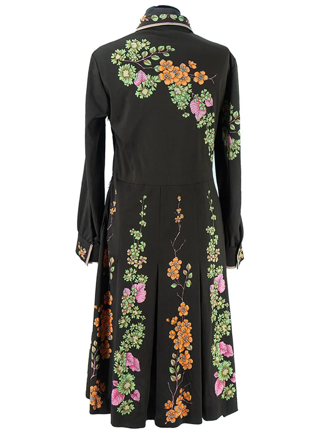 1970s Brown Floral Placement Pattern Dress