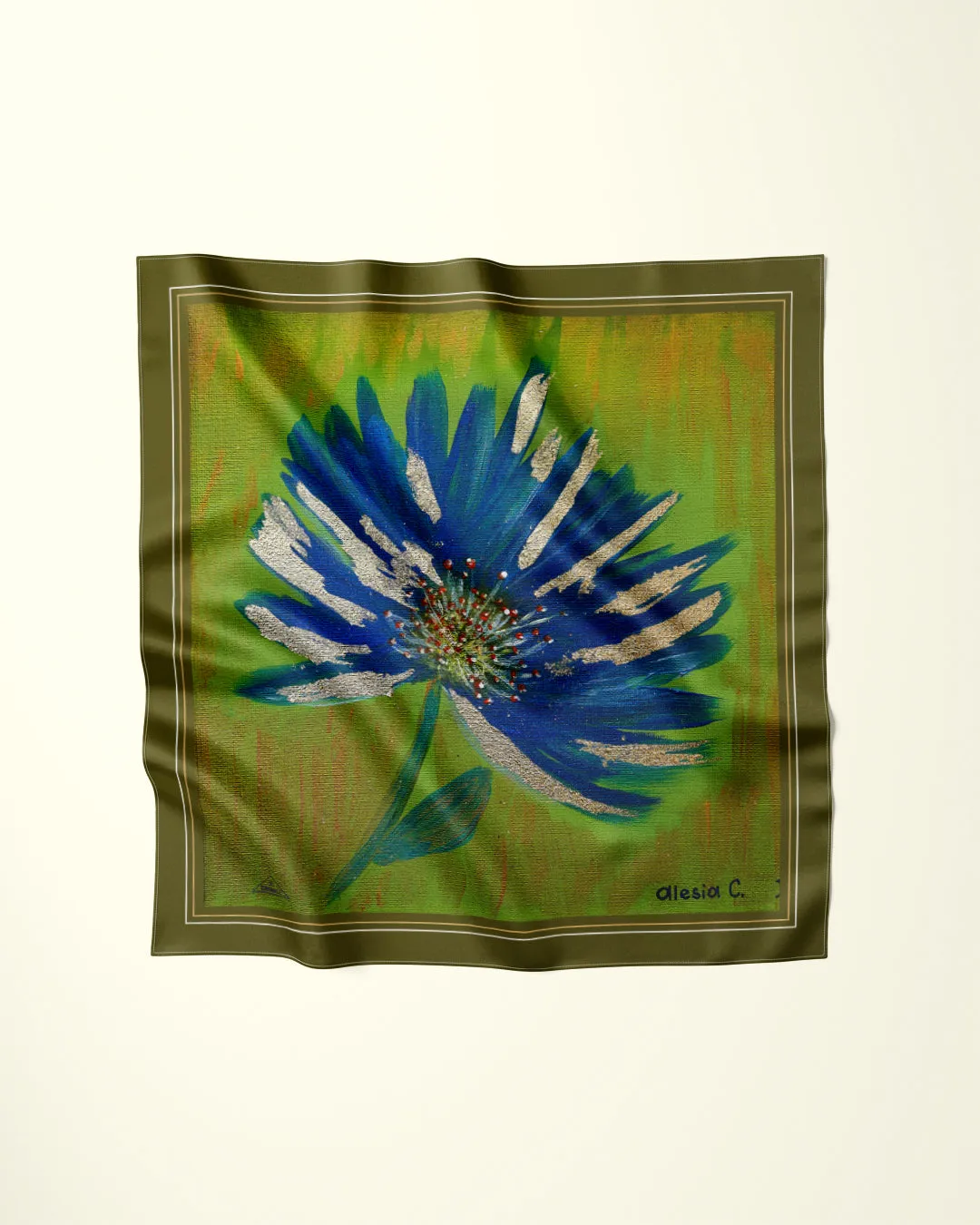 ABSTRACT CORNFLOWER Desiger 100% Silk Art-A-Porte Scarf in Blue Olive