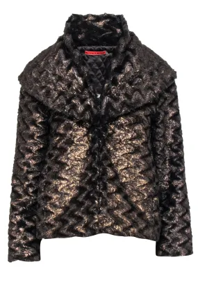 Alice & Olivia - Bronze Faux Fur Cropped Jacket w/ Long Lapels & Pockets Sz S