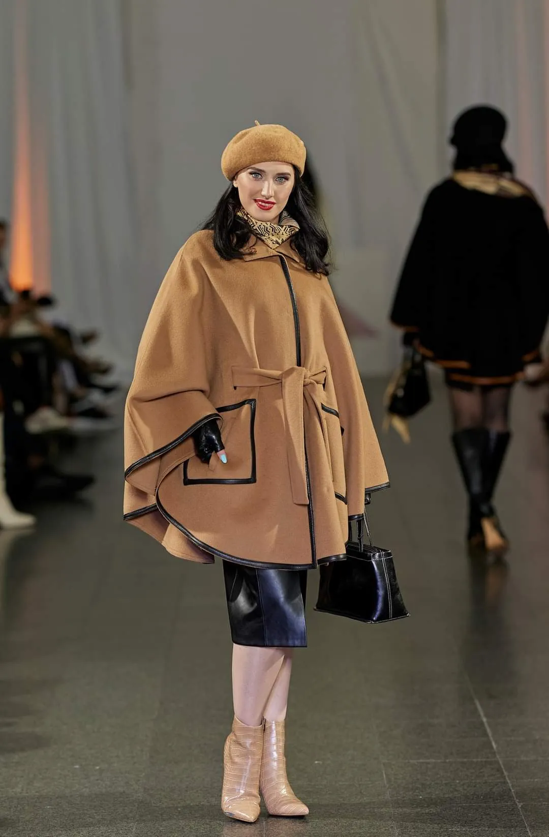 ALICE Camel Belted Cape Coat in Virgin Wool Cashmere Black Leather