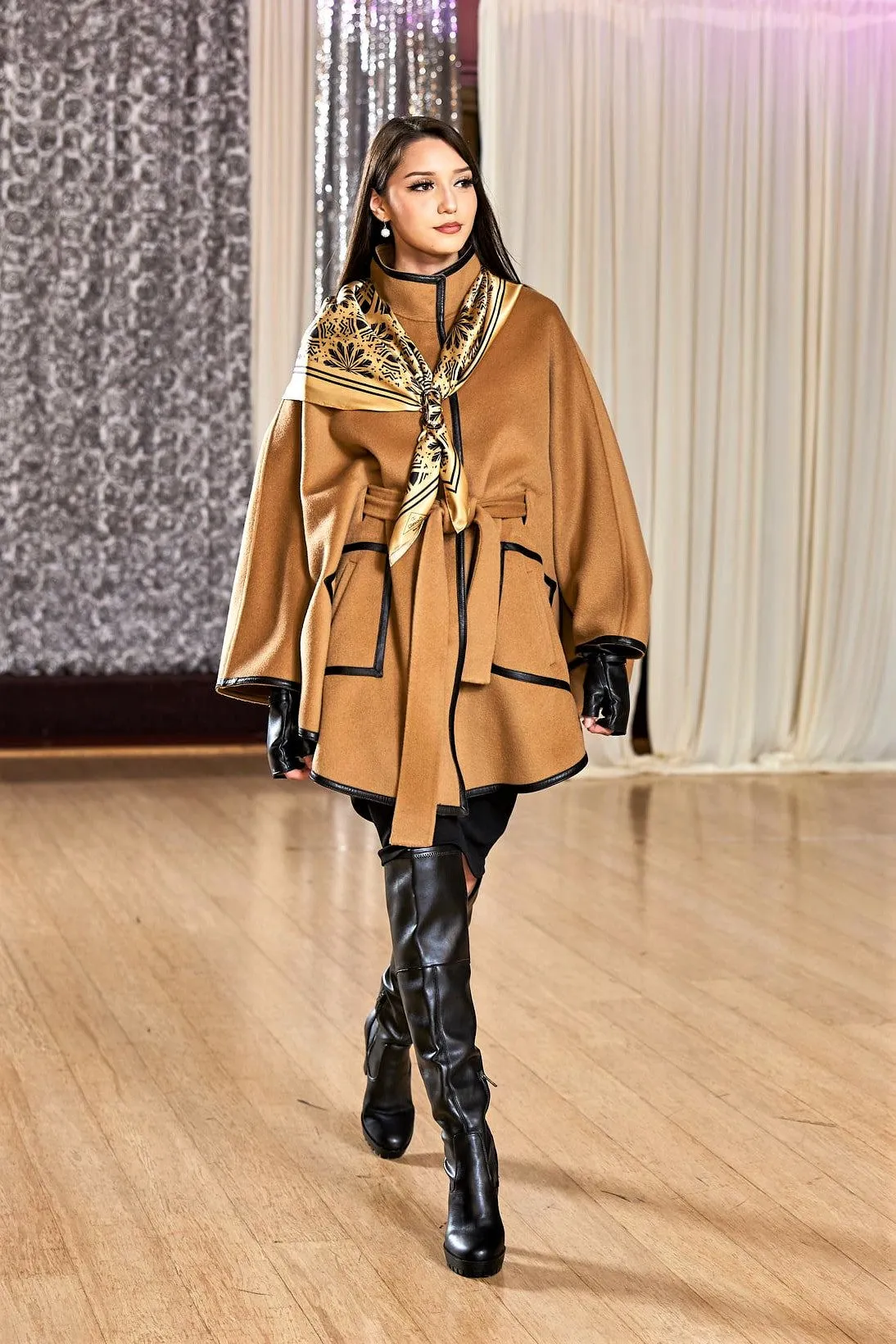 ALICE Camel Belted Cape Coat in Virgin Wool Cashmere Black Leather