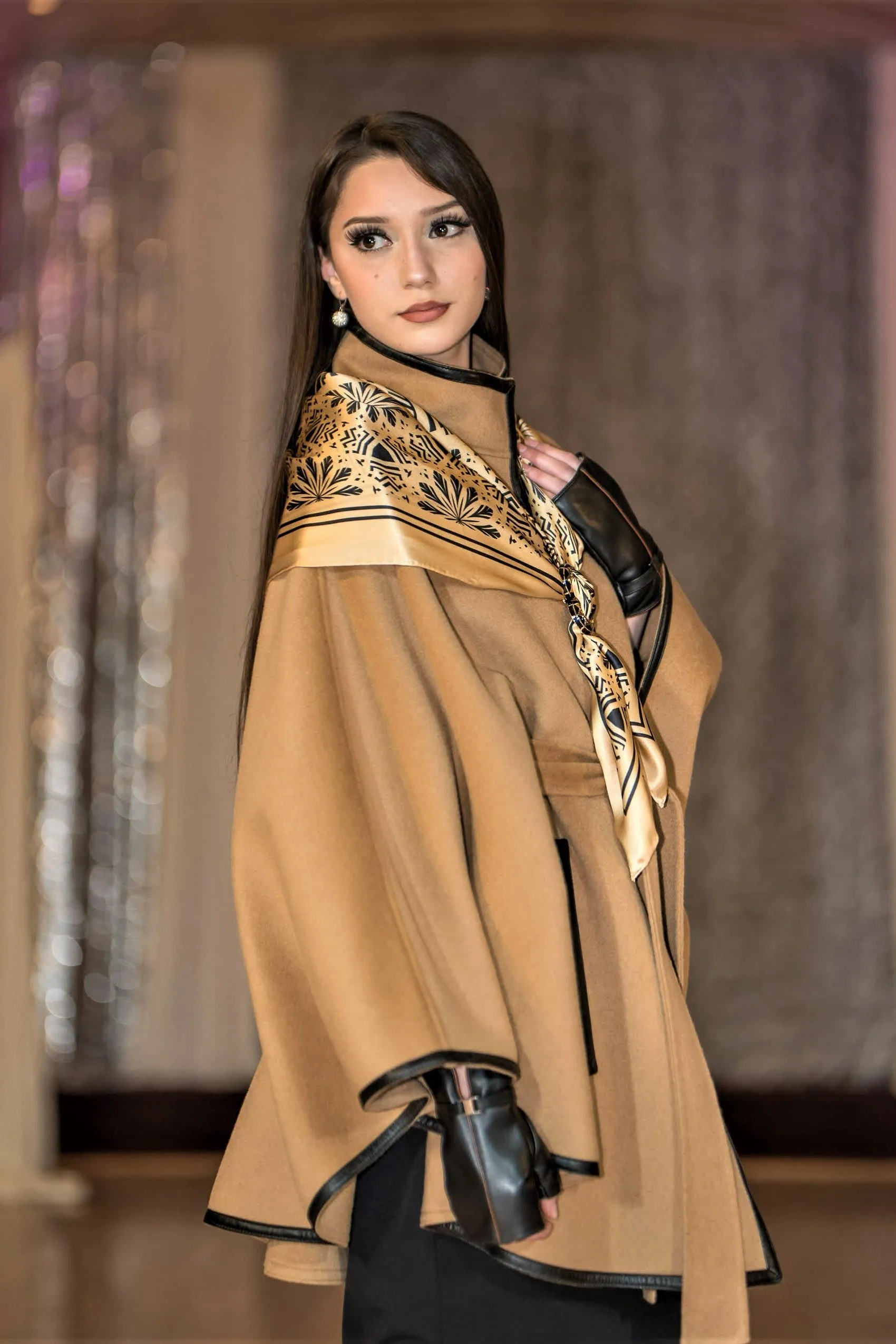 ALICE Camel Belted Cape Coat in Virgin Wool Cashmere Black Leather