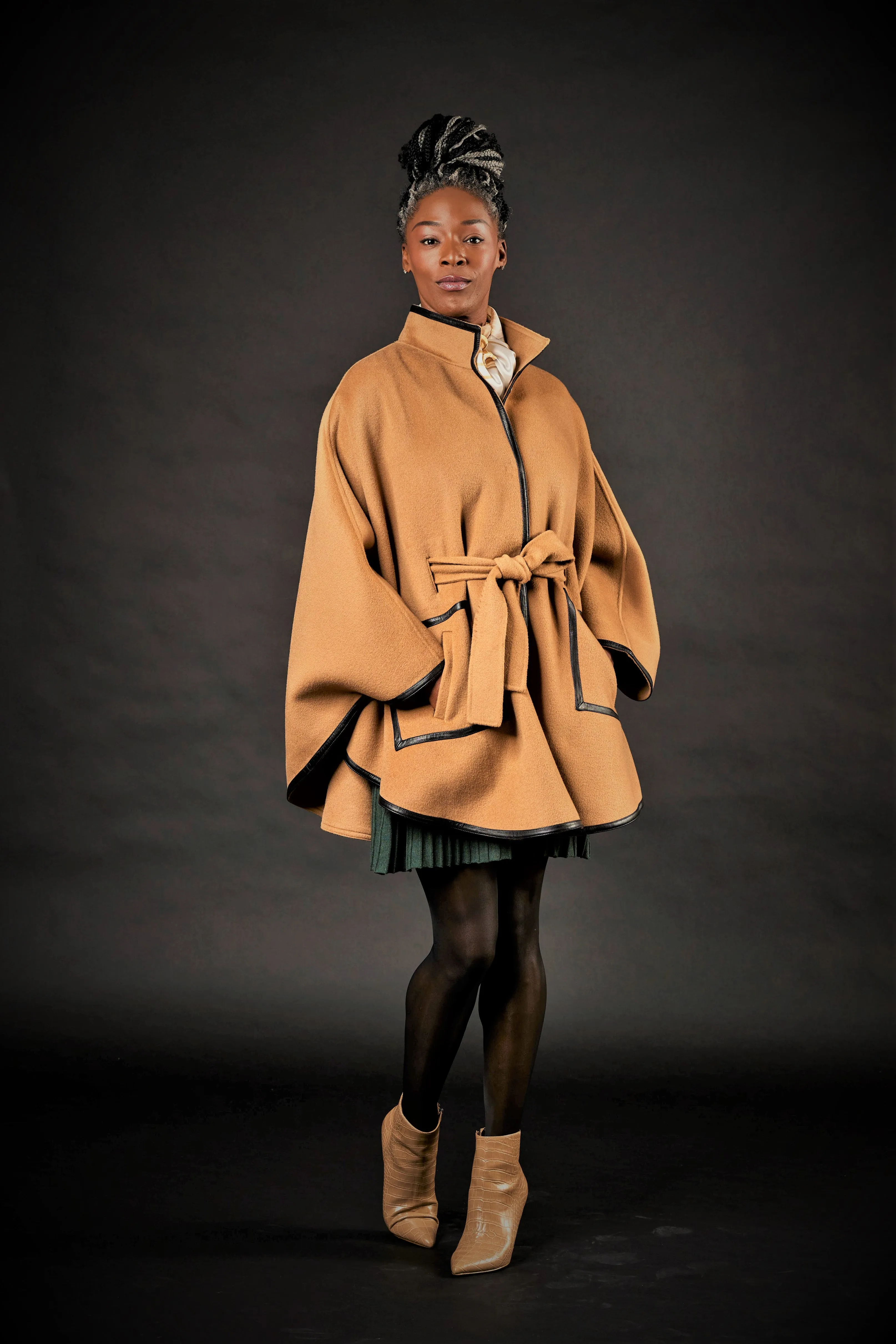 ALICE Camel Belted Cape Coat in Virgin Wool Cashmere Black Leather