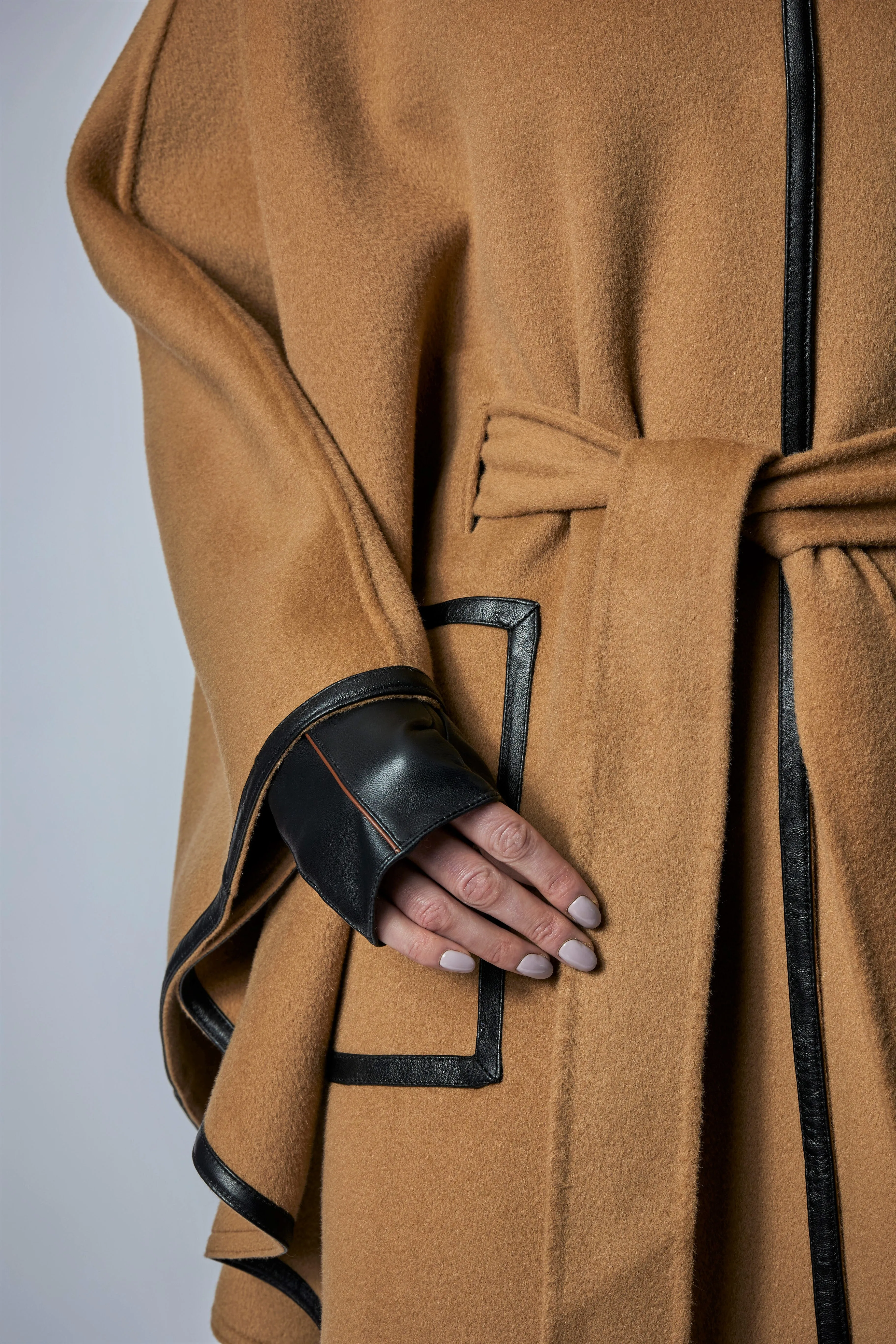 ALICE Camel Belted Cape Coat in Virgin Wool Cashmere Black Leather