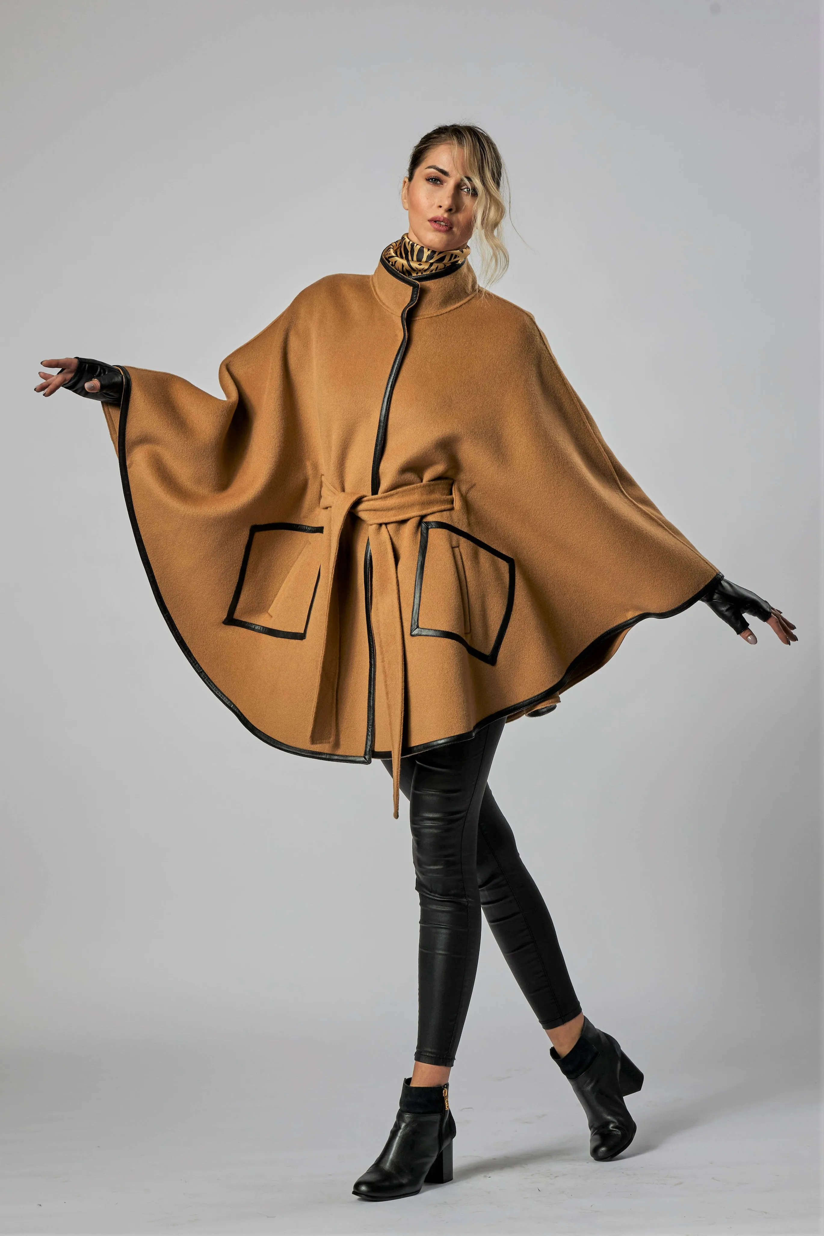 ALICE Camel Belted Cape Coat in Virgin Wool Cashmere Black Leather