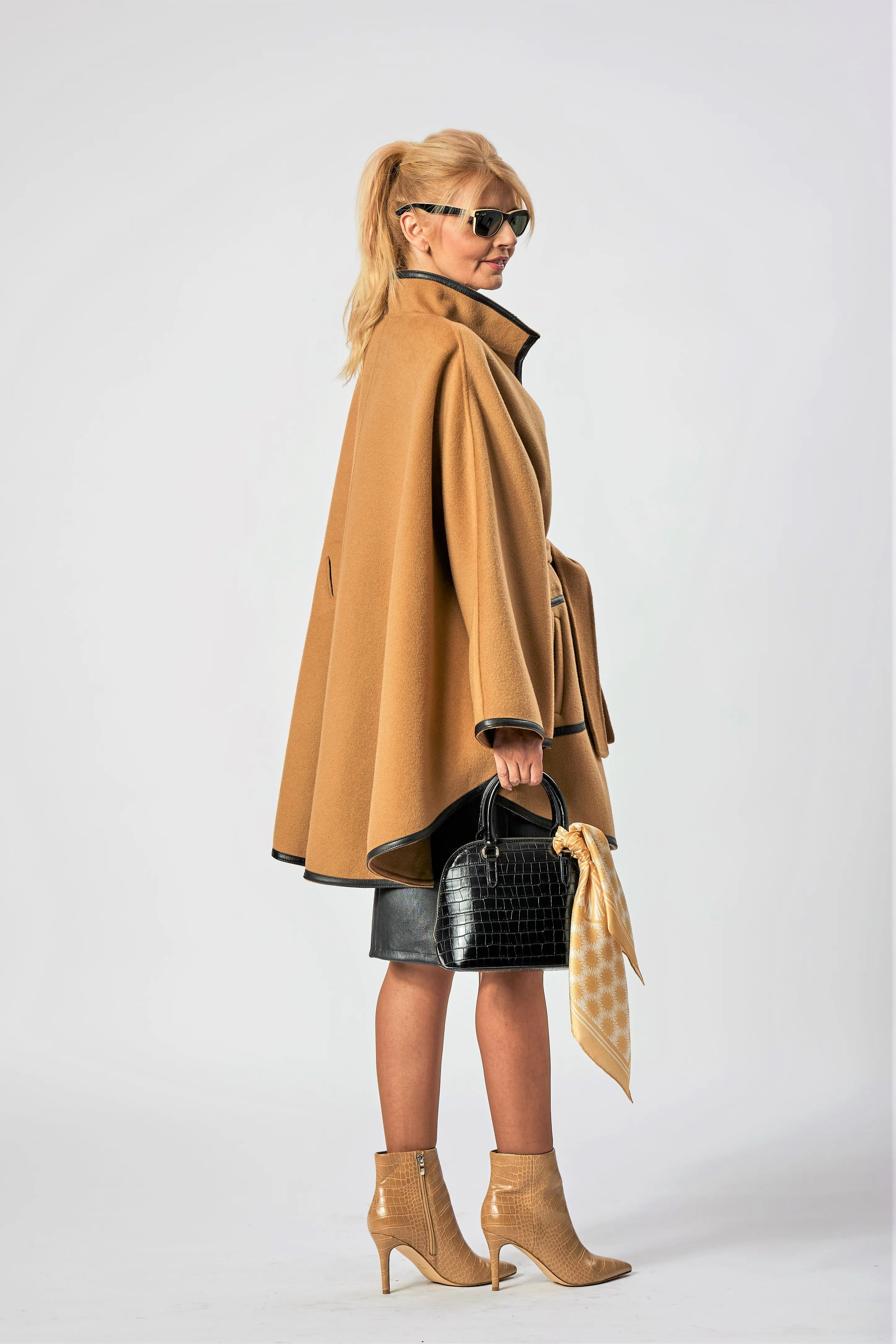 ALICE Camel Belted Cape Coat in Virgin Wool Cashmere Black Leather