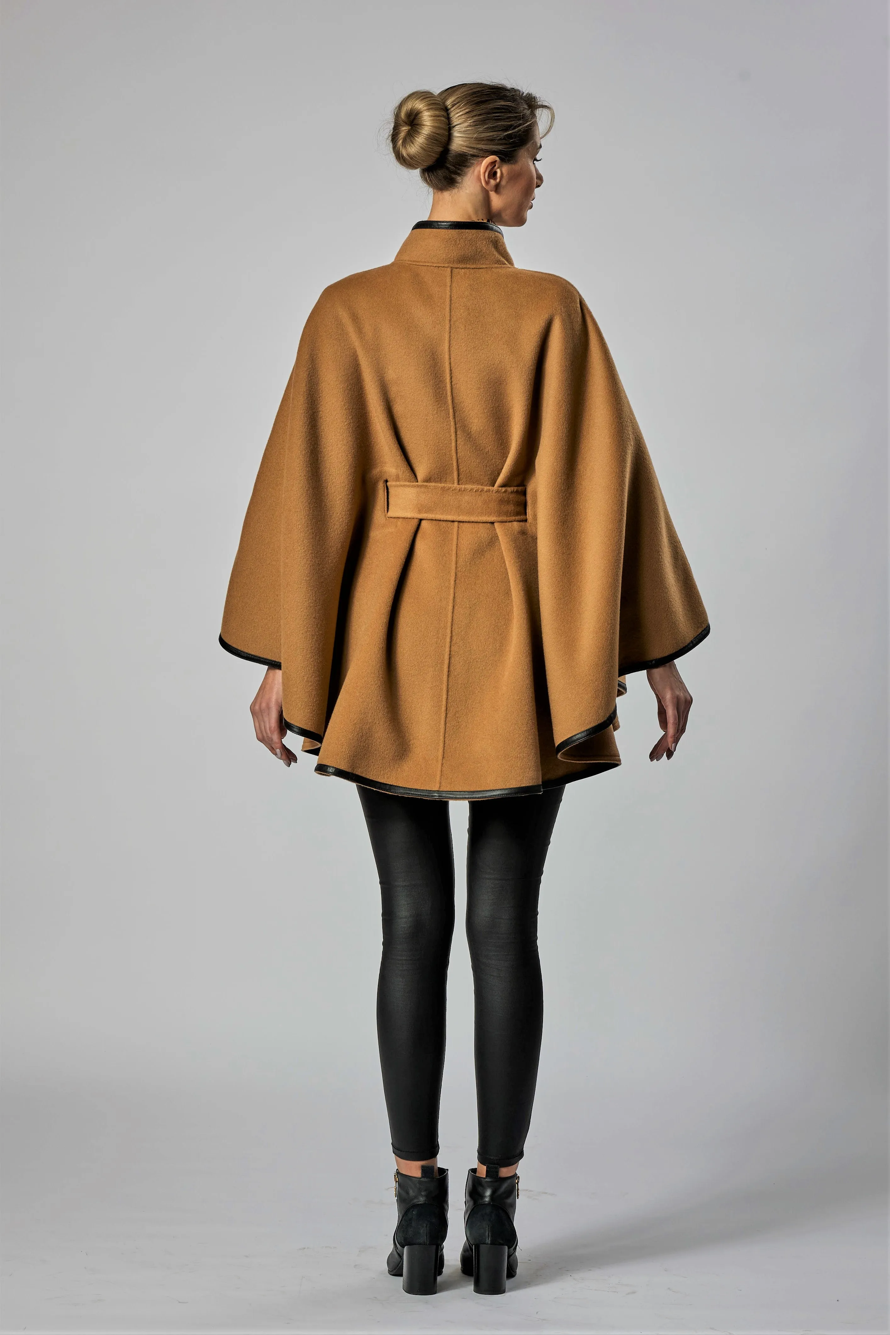 ALICE Camel Belted Cape Coat in Virgin Wool Cashmere Black Leather