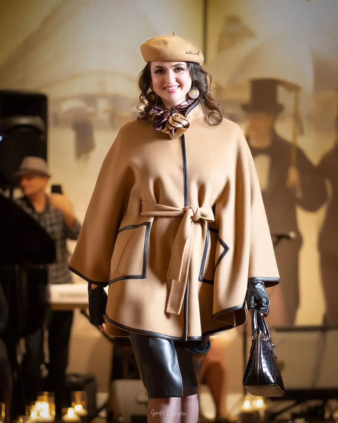 ALICE Camel Belted Cape Coat in Virgin Wool Cashmere Black Leather