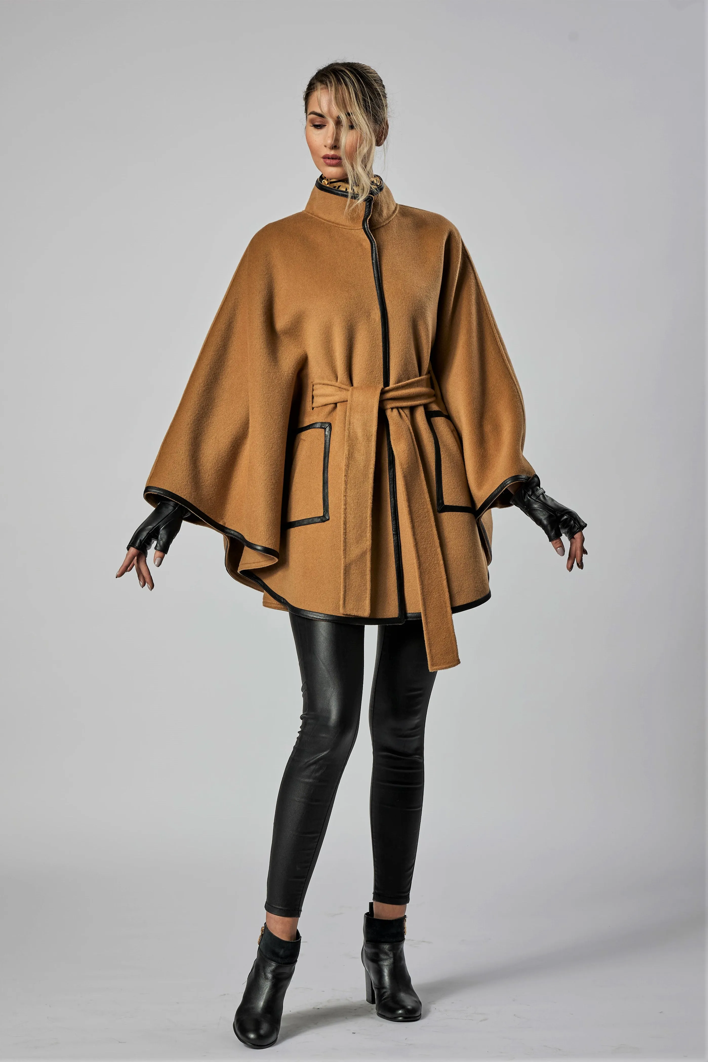 ALICE Camel Belted Cape Coat in Virgin Wool Cashmere Black Leather