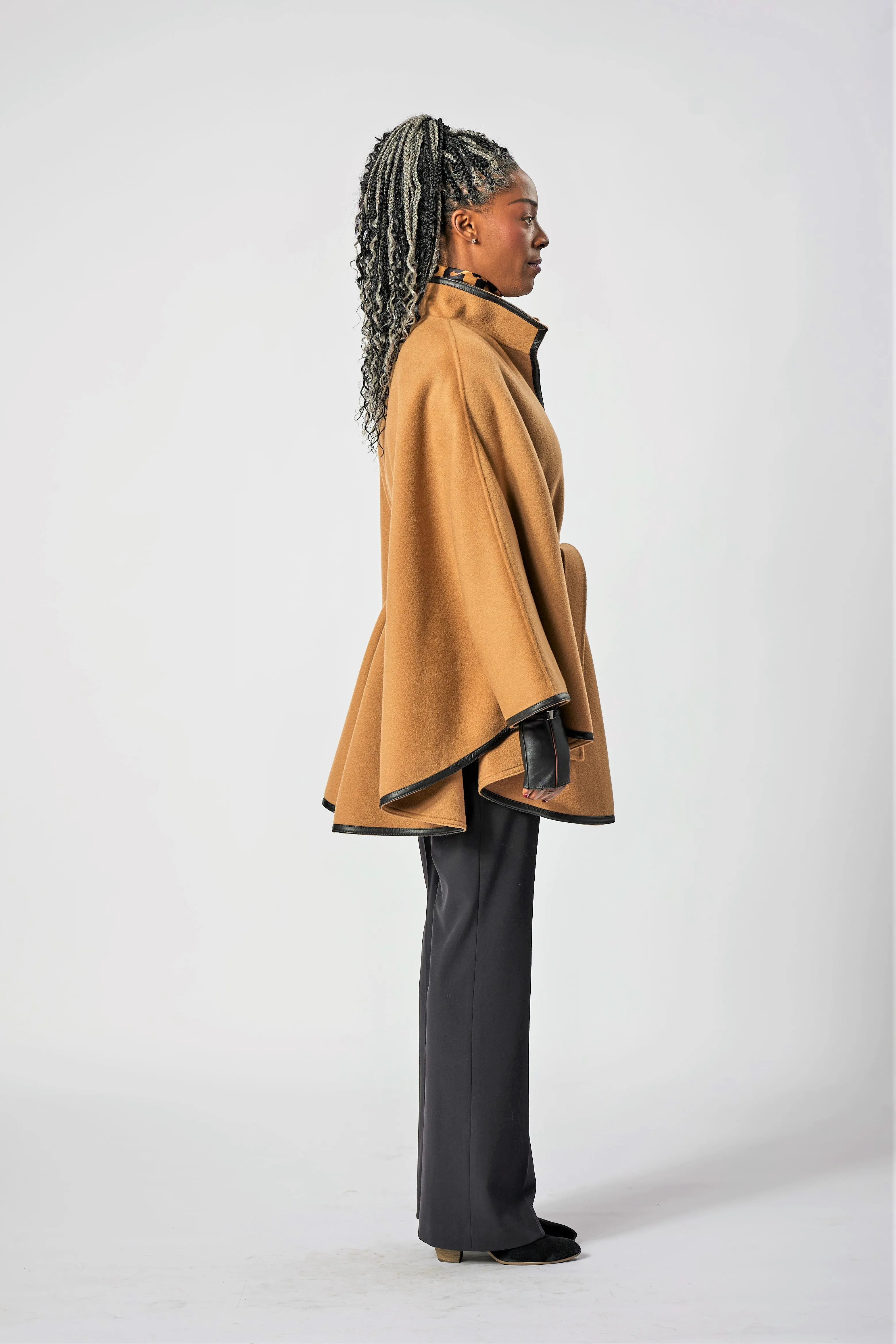 ALICE Camel Belted Cape Coat in Virgin Wool Cashmere Black Leather