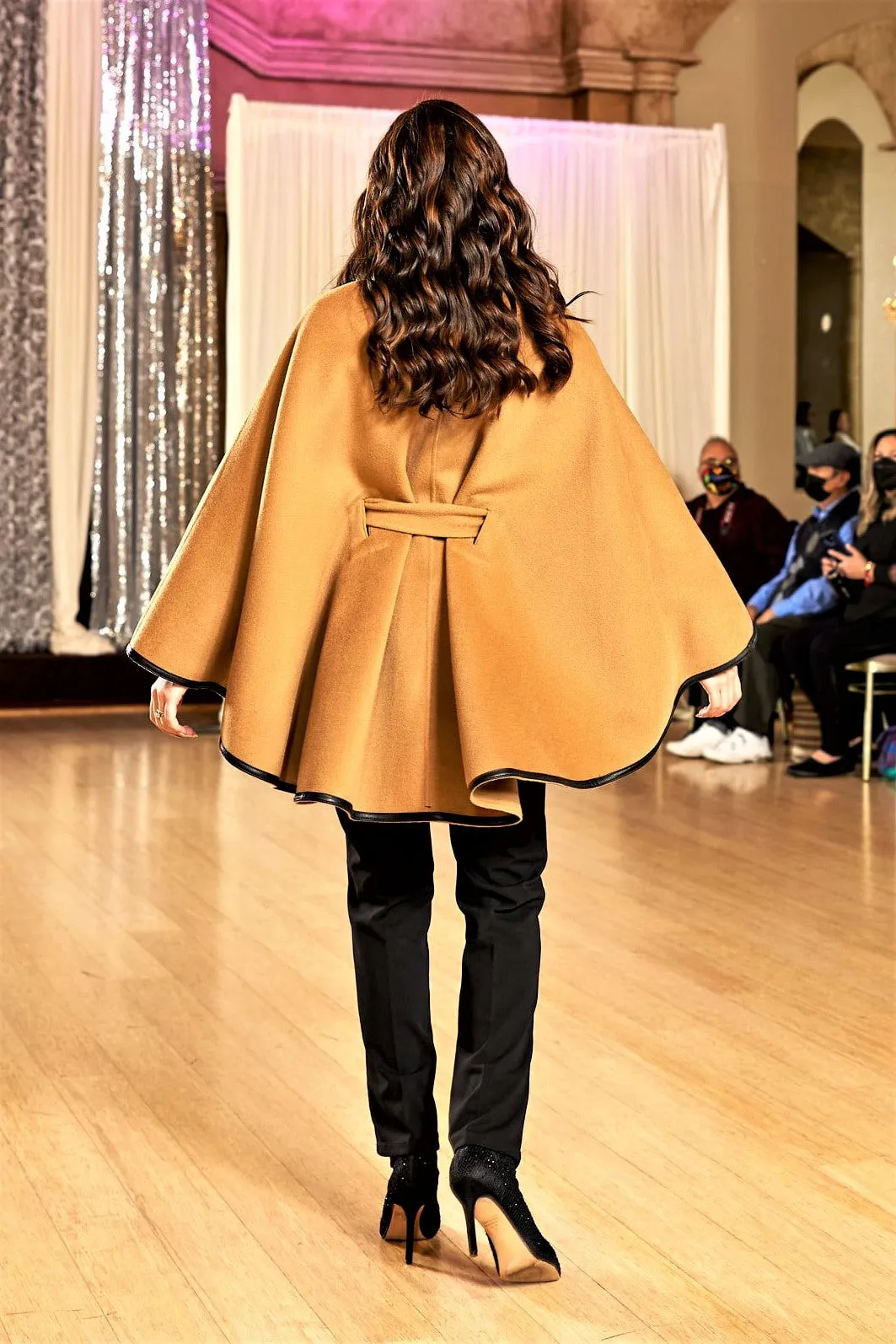 ALICE Camel Belted Cape Coat in Virgin Wool Cashmere Black Leather