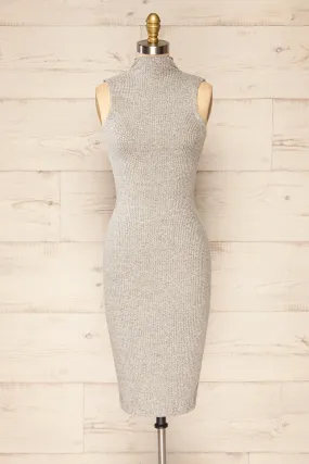 Alvarus Grey | Sleeveless Fitted Midi Dress w/ Mock Neck