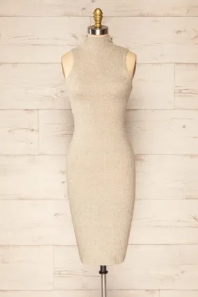 Alvarus Sand | Sleeveless Fitted Midi Dress w/ Mock Neck