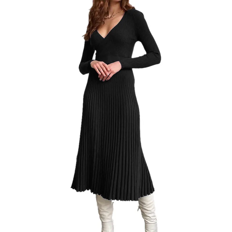 Amozae winter outfits men 2024 Spring and Autumn Elegant Women's Long-Sleeved V-neck Wrapped Chest Mid-Length Knitted Pleated Dress Bottoming Skirt