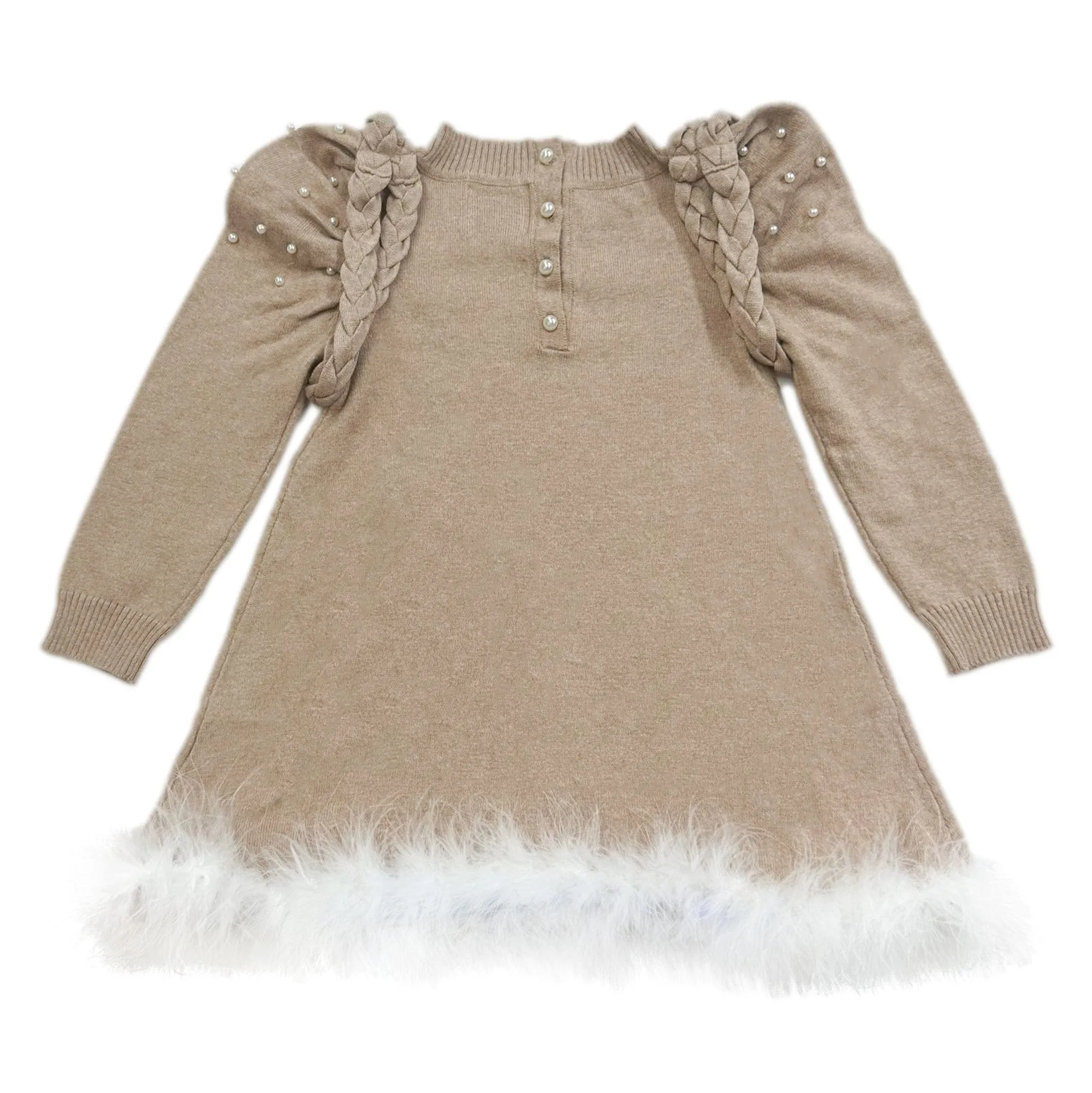 Anna Beige Knit Dress with Feathered Hem