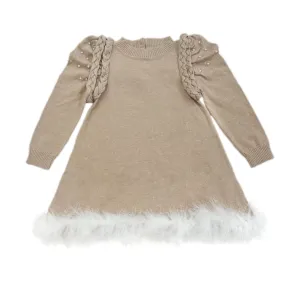 Anna Beige Knit Dress with Feathered Hem