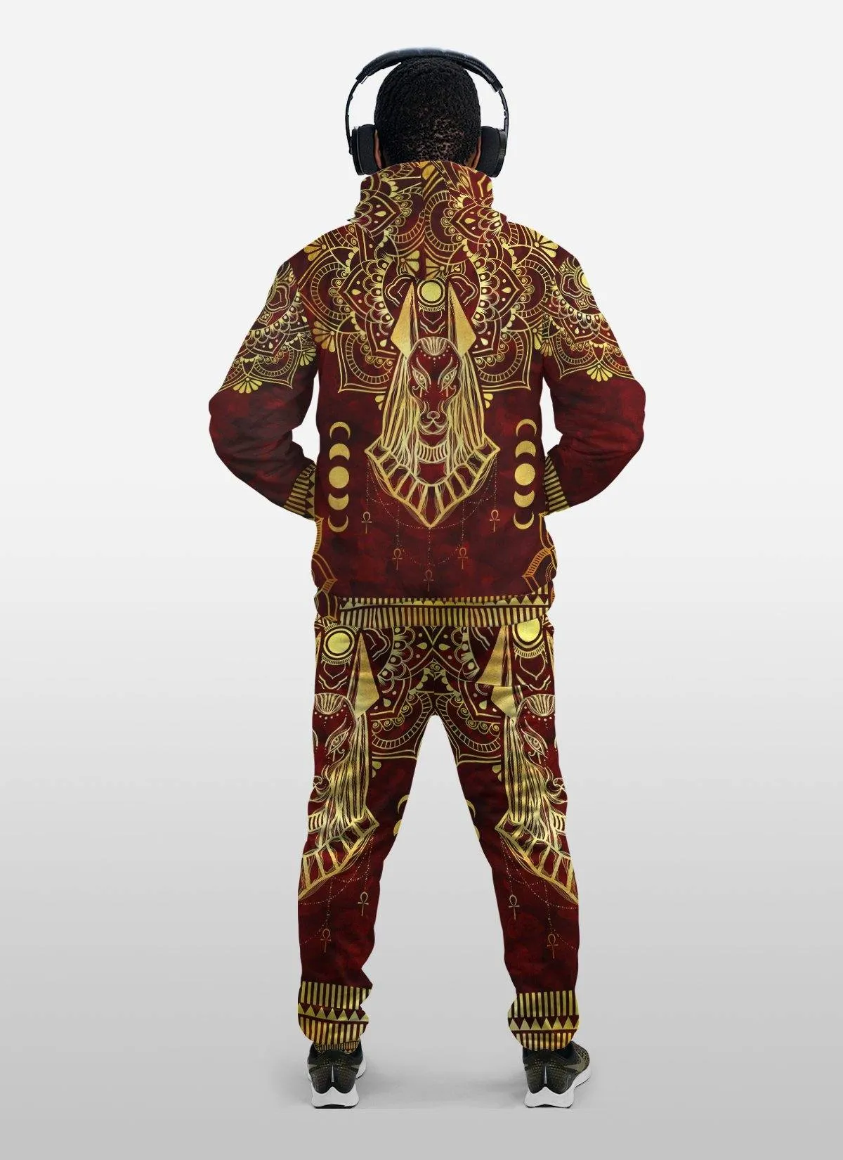 Anubis Pattern In Red Fleece All-over Hoodie And Joggers Set