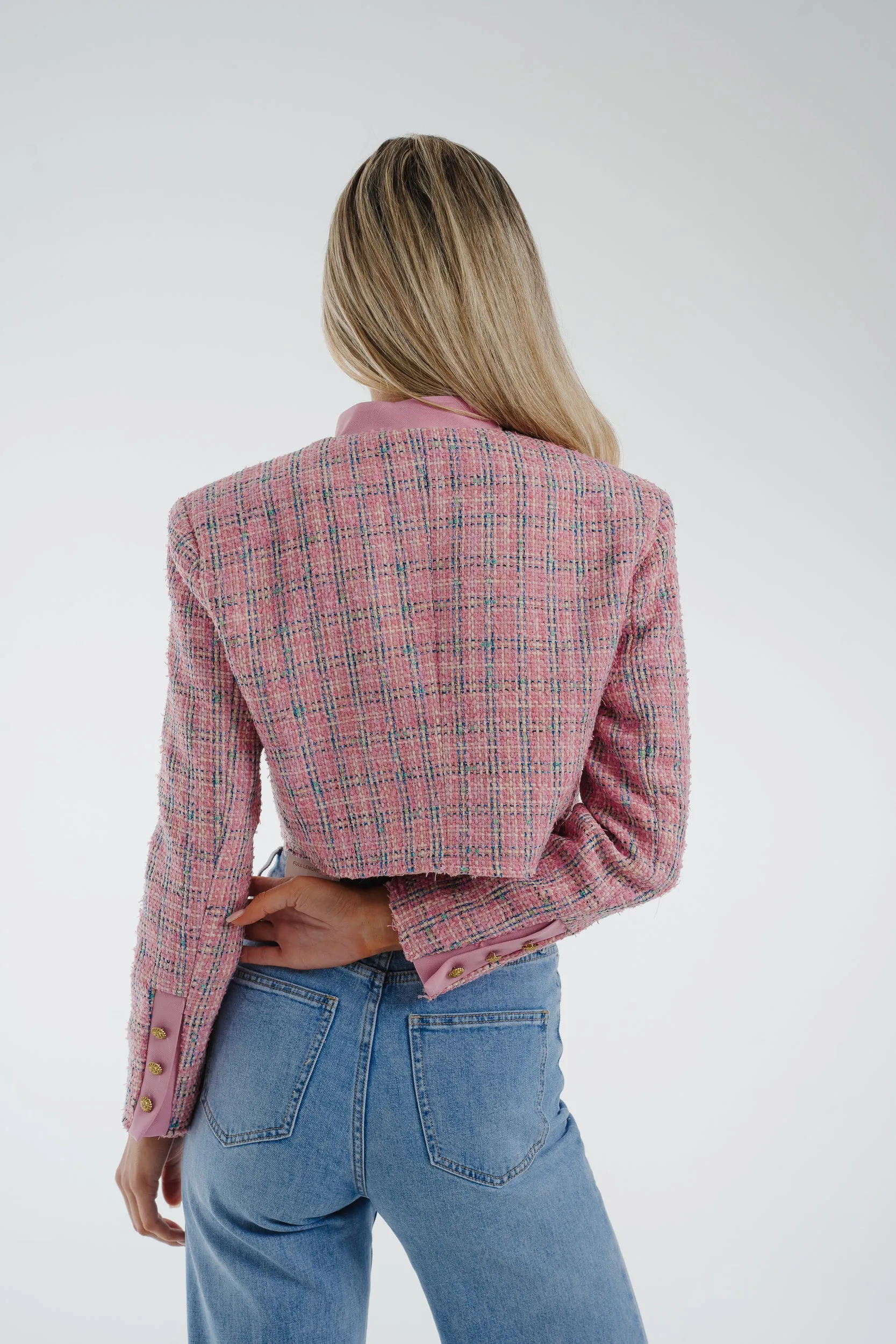 Arabella Crop Tweed Blazer In Pink