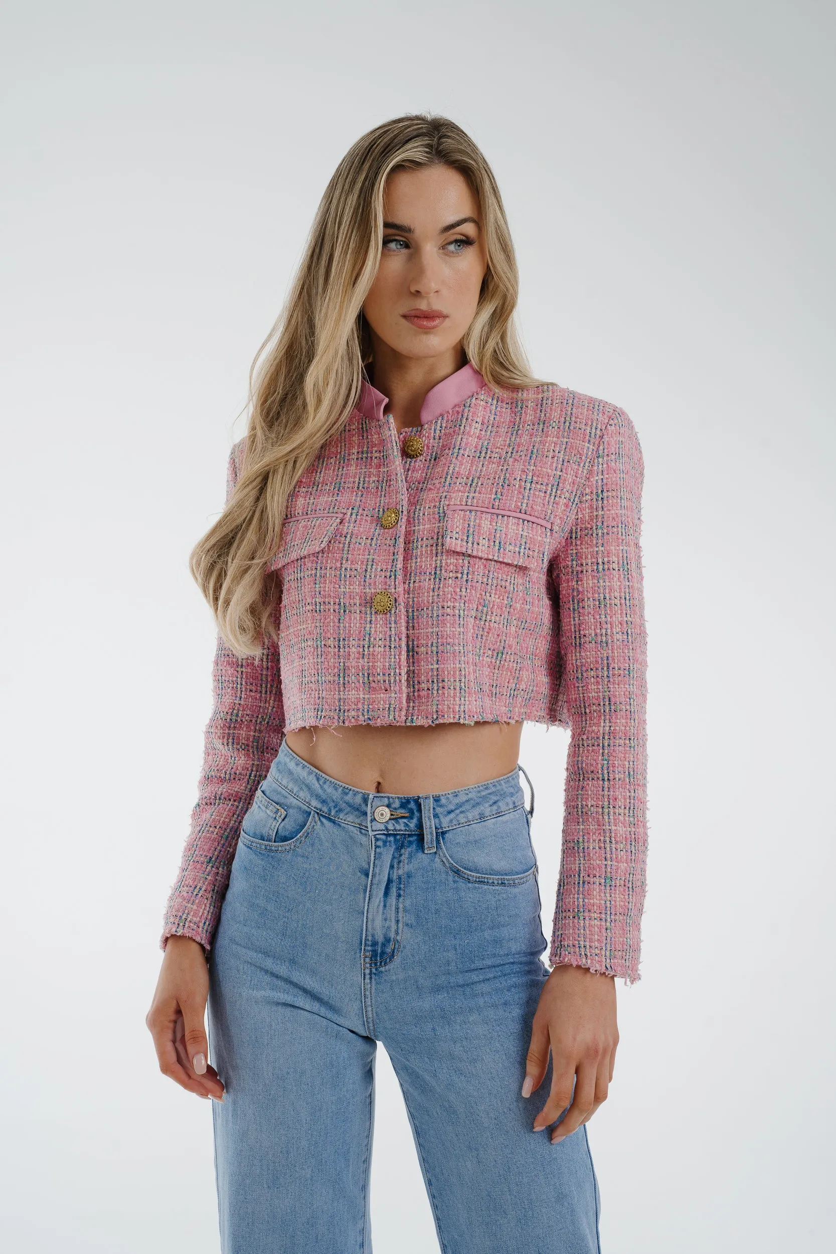 Arabella Crop Tweed Blazer In Pink