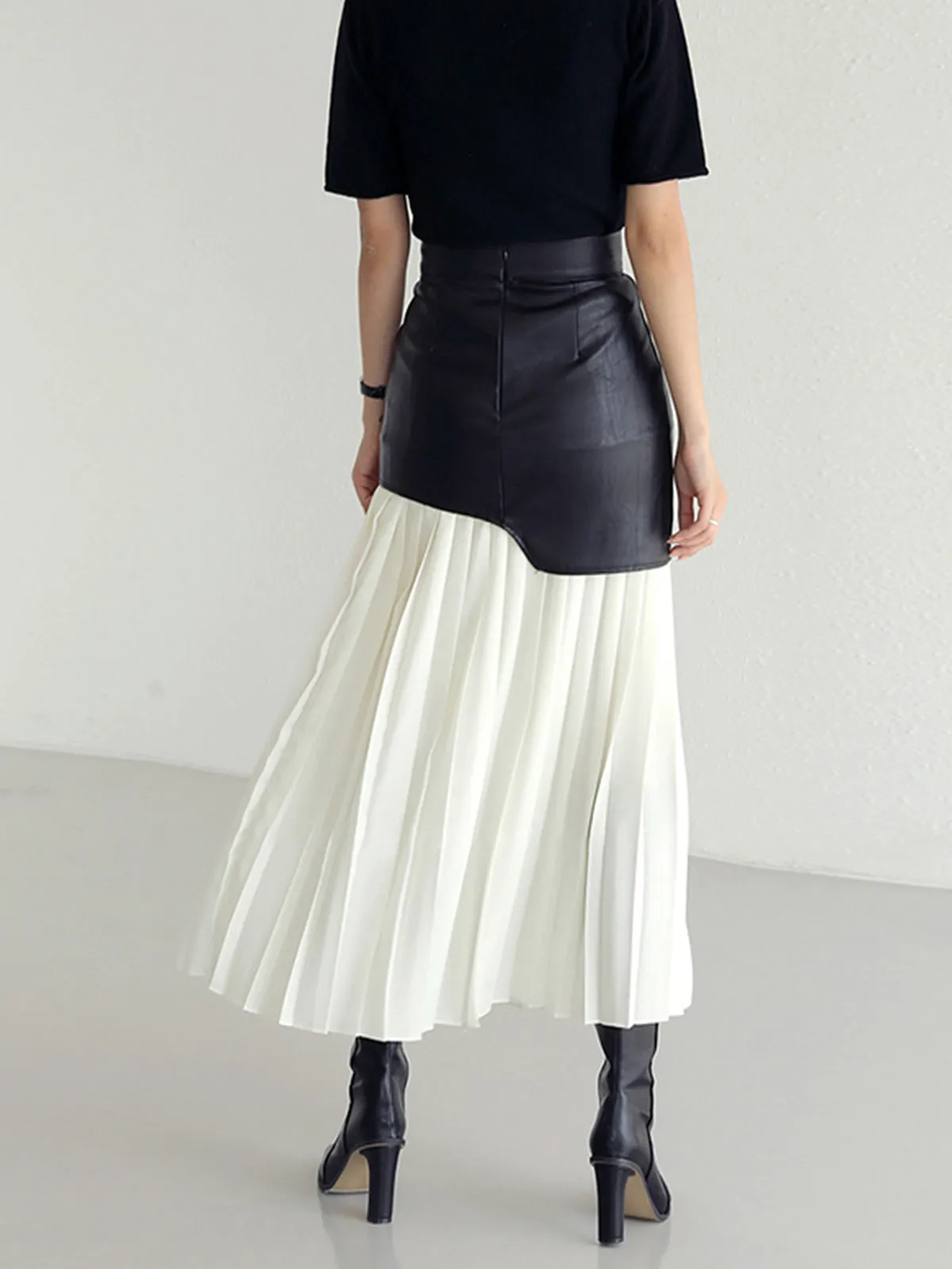 Asymmetric Patchwork Faux Leather Modern Chiffon Pleated Midi Skirt