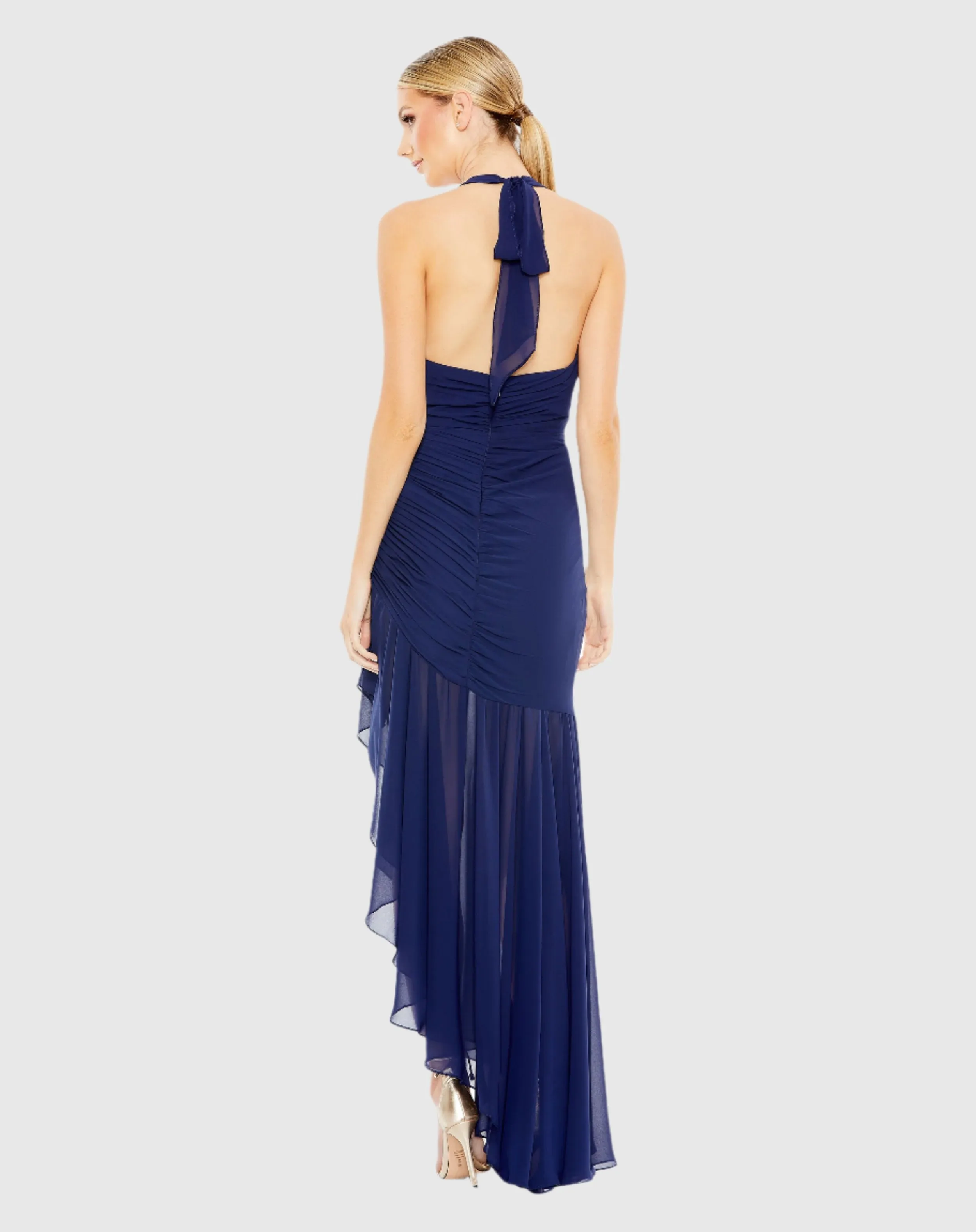 Asymmetrical Ruffle Hem Halter Strap Gown