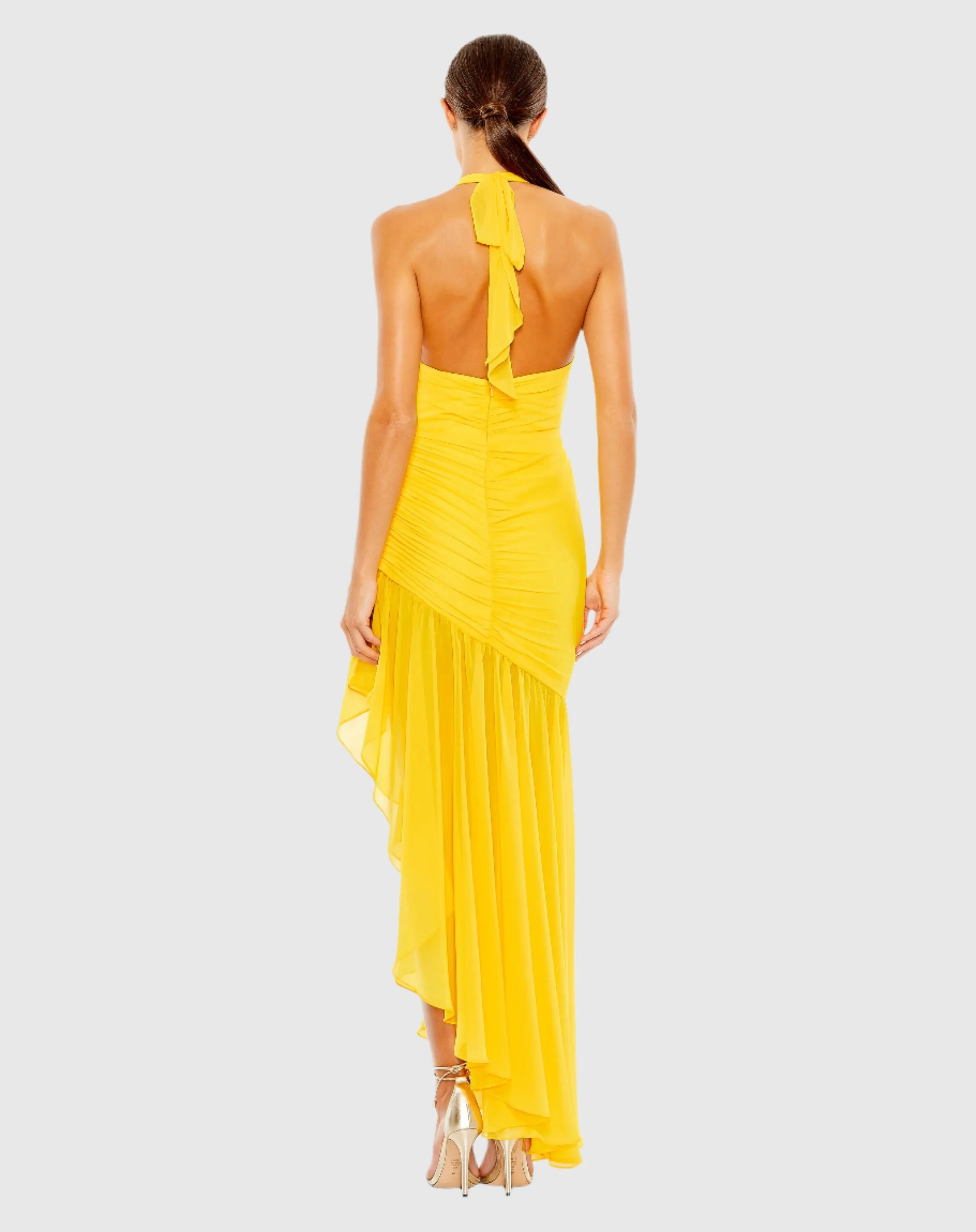 Asymmetrical Ruffle Hem Halter Strap Gown