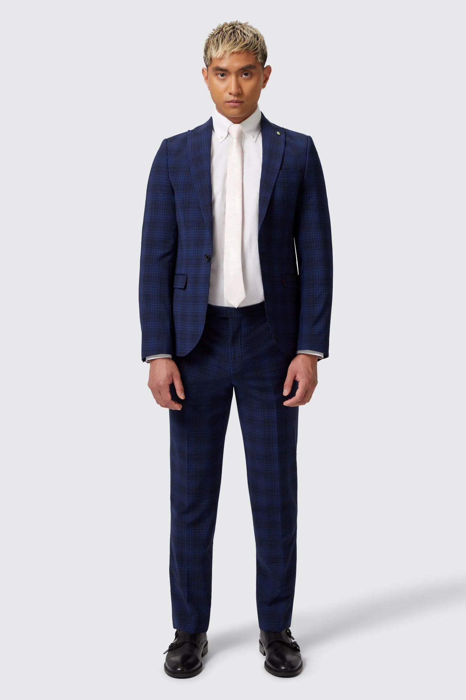 Barlow Slim Fit Navy Wool Check Trousers