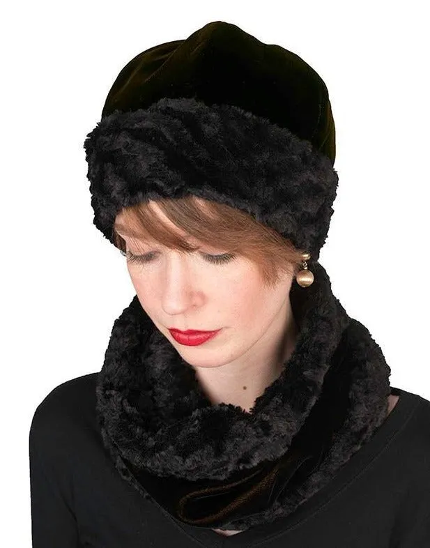 Beanie Hat, Reversible - Velvet in Black/Gold with Cuddly Faux Fur in Black (SOLD OUT)