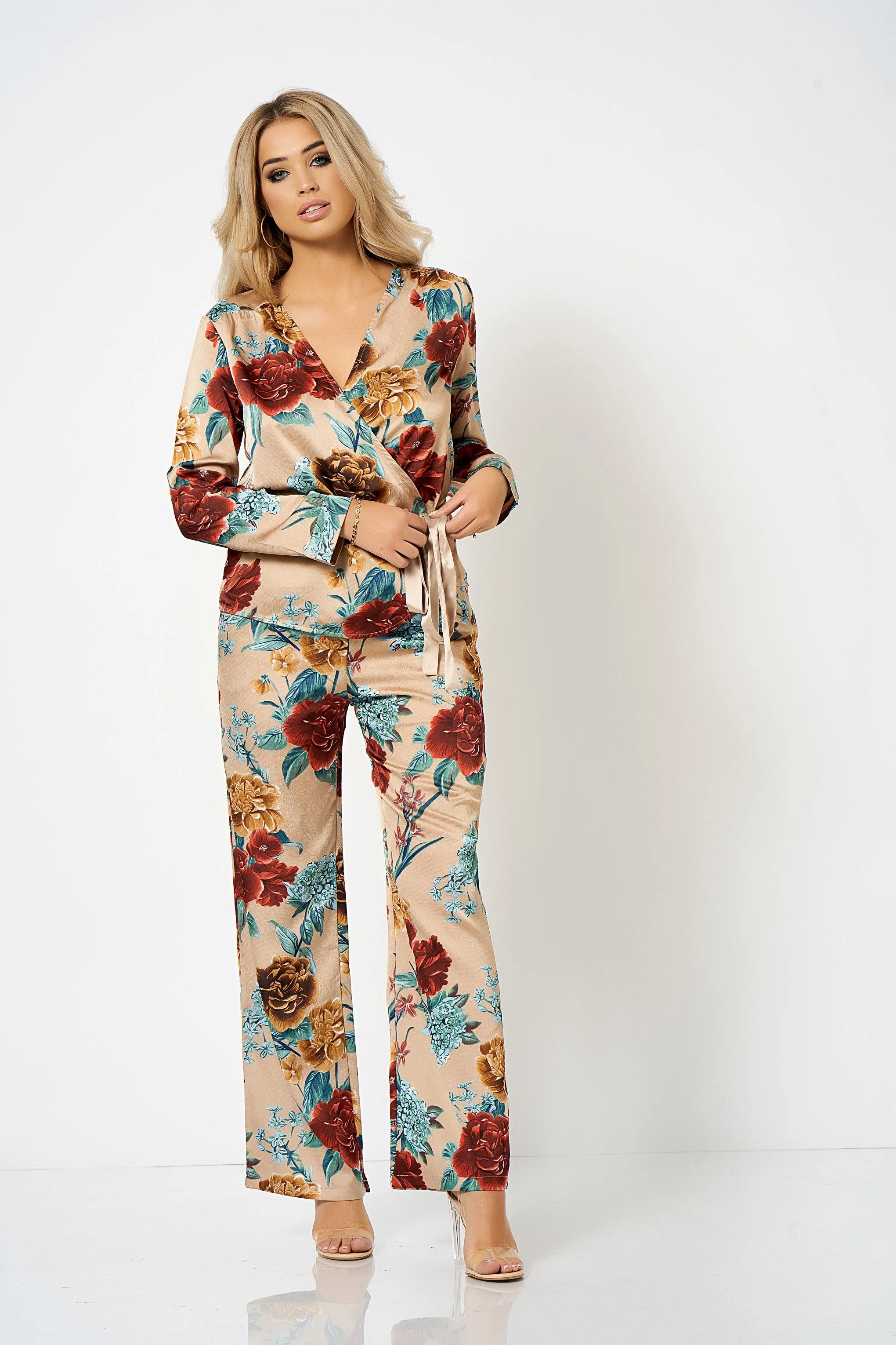 Beige Floral Wrap Tie Side Co-ord Blouse