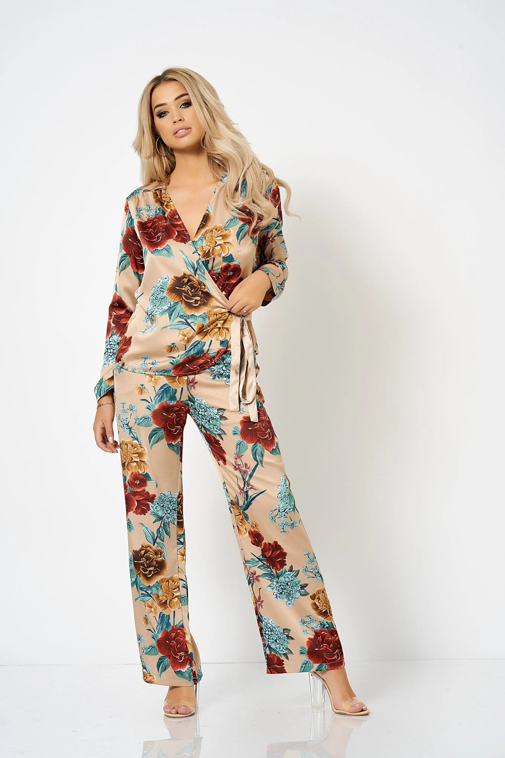 Beige Floral Wrap Tie Side Co-ord Blouse