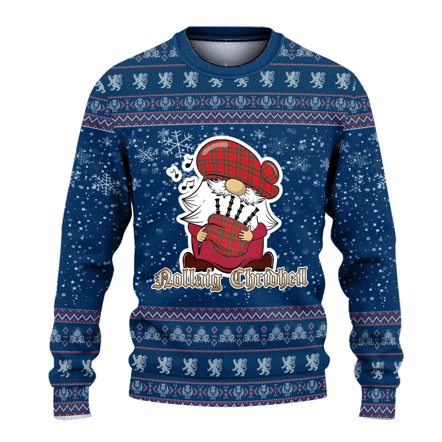 Binning Clan Christmas Family Ugly Sweater with Funny Gnome Playing Bagpipes