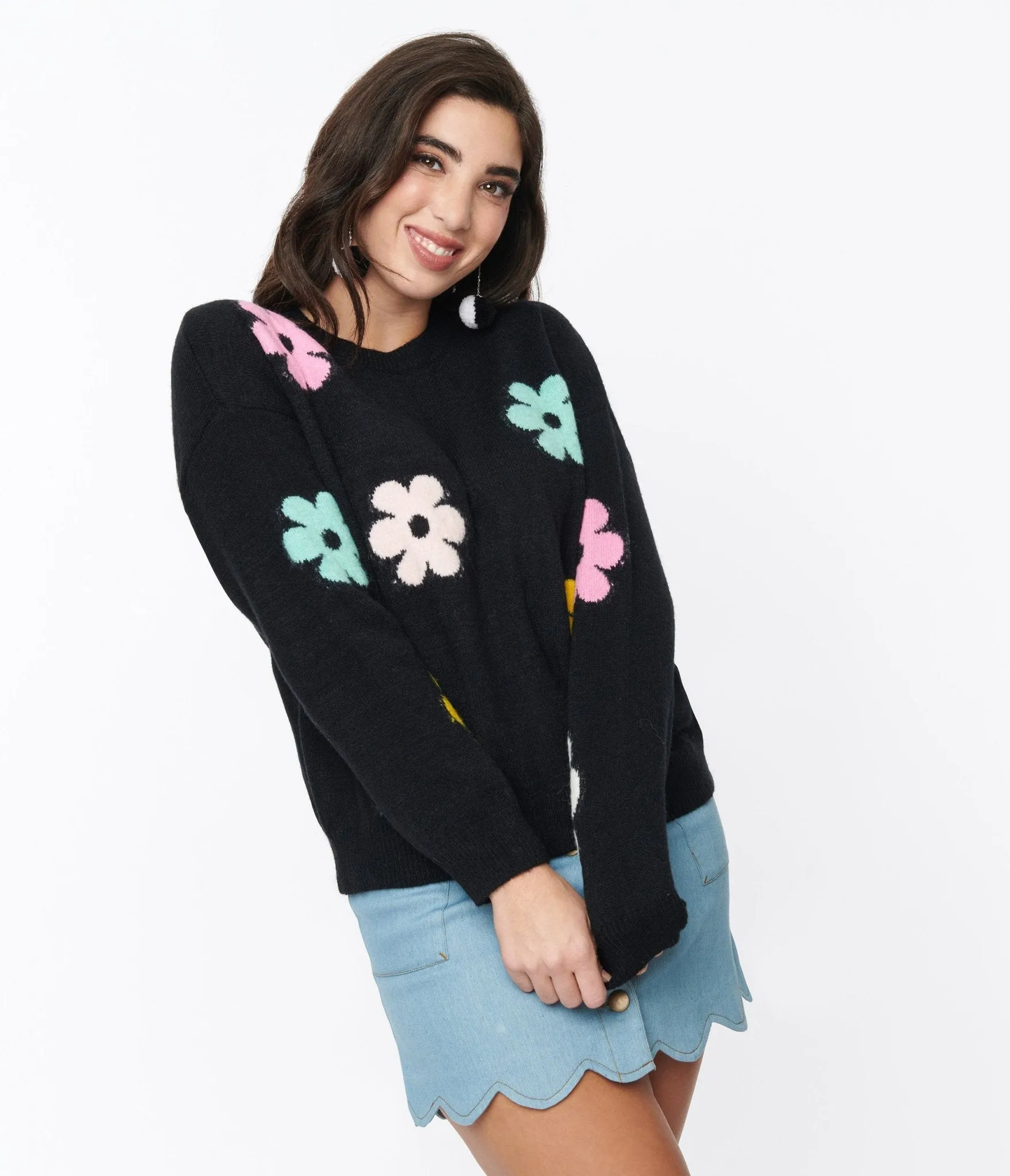 Black & Multicolor Floral Knit Sweater