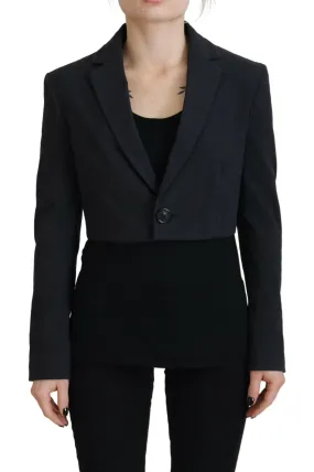 Black Cotton Cropped Button Blazer Jacket