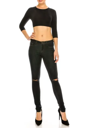 Black Microfiber 3/4 Sleeve Cropped Layering Top Shell