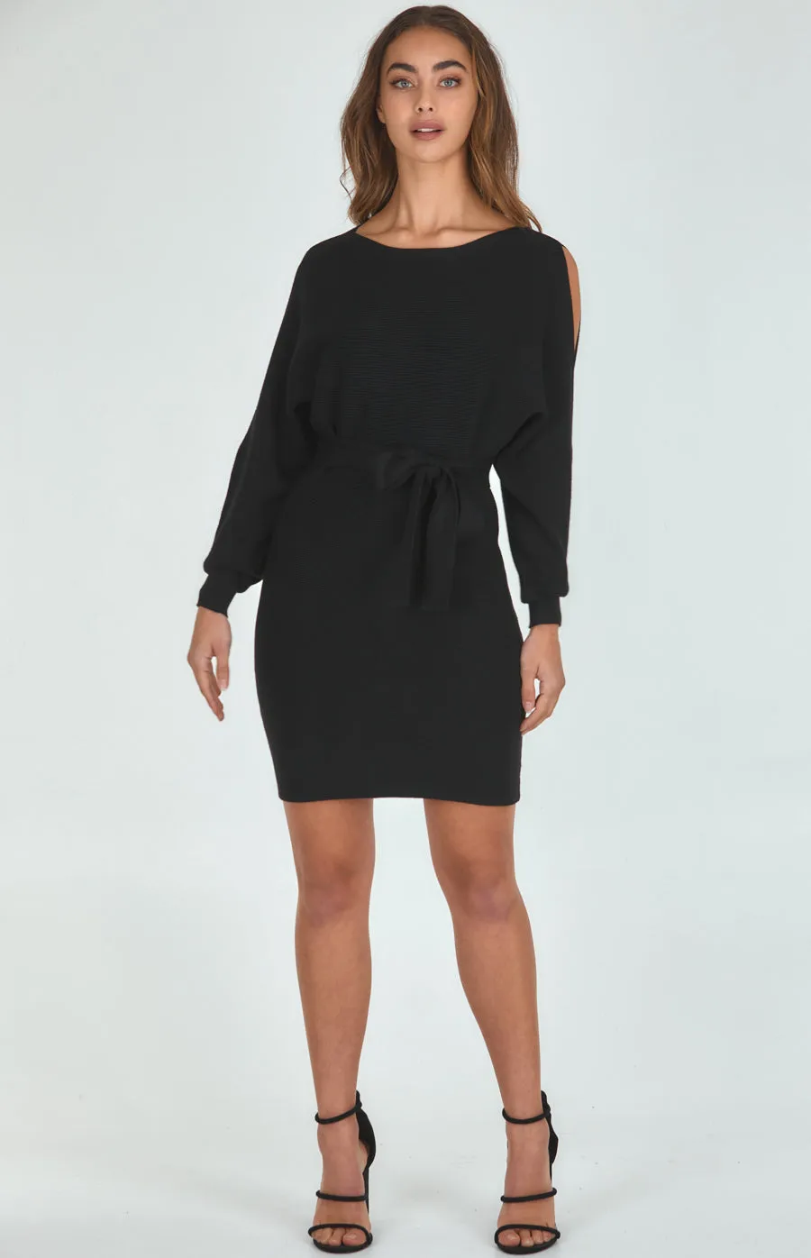 Boat Neckline Knit Dress With Cut Out Sleeve Detail