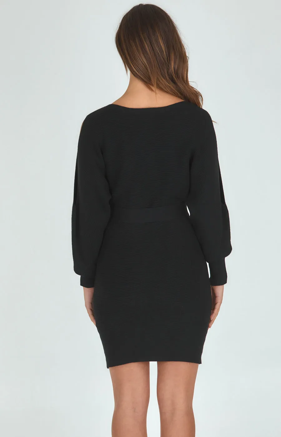 Boat Neckline Knit Dress With Cut Out Sleeve Detail