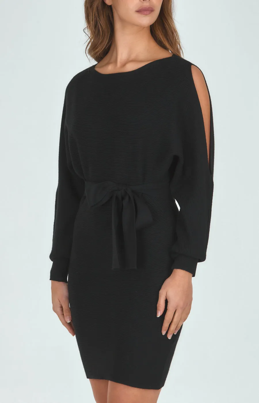 Boat Neckline Knit Dress With Cut Out Sleeve Detail