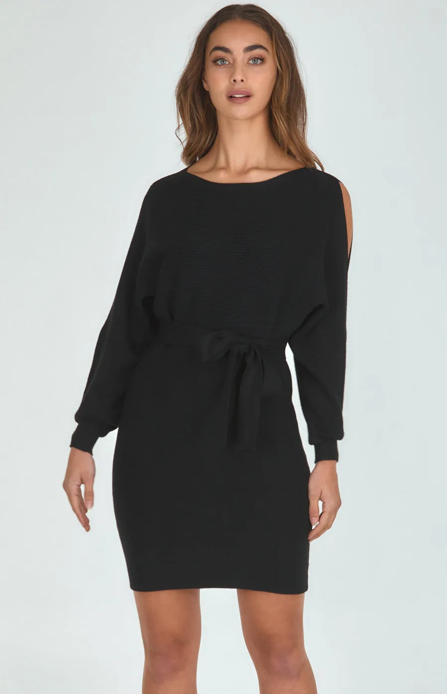 Boat Neckline Knit Dress With Cut Out Sleeve Detail