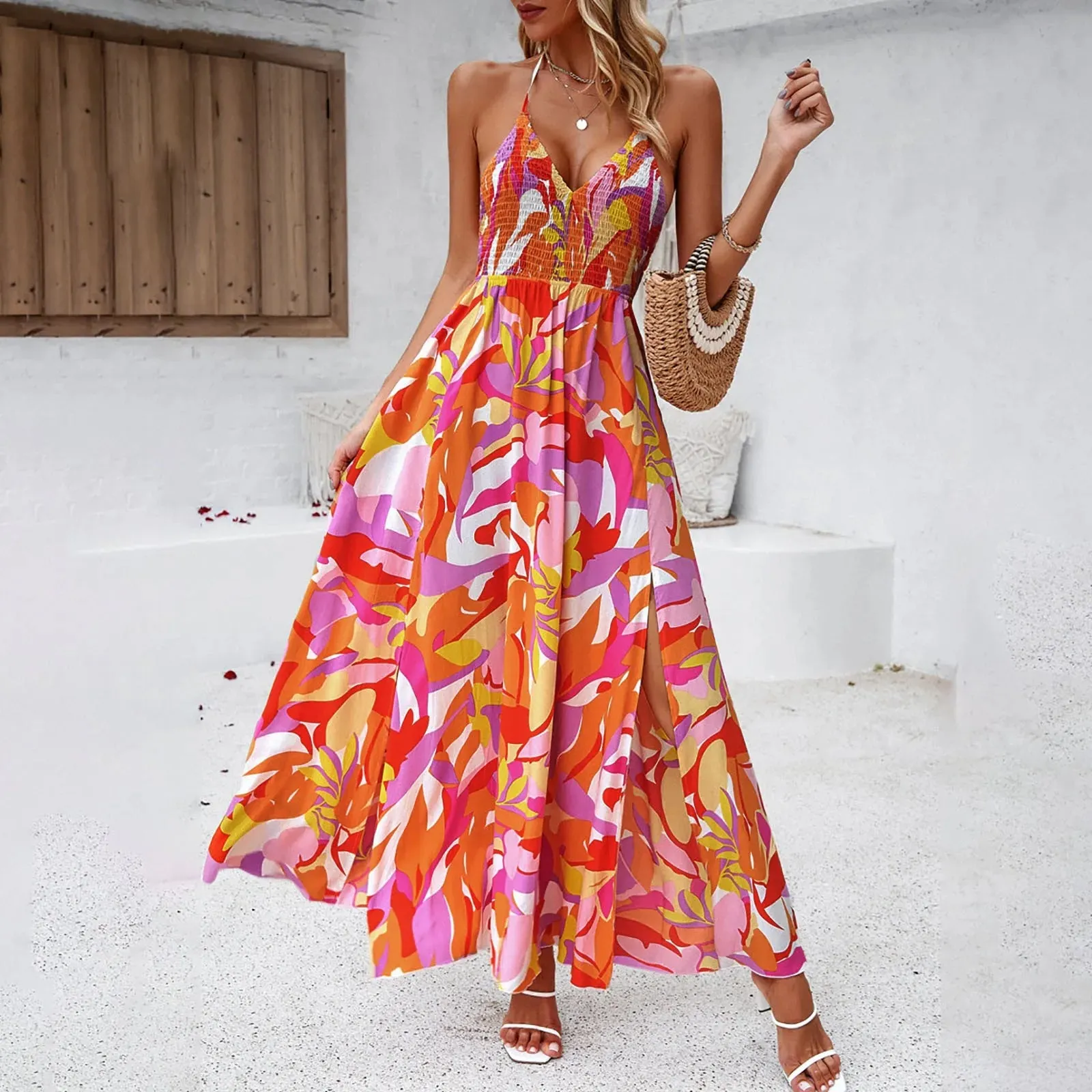 Boho Long Elegant V Neck Vintage Printed Sleeveless Sexy Slim Maxi Midi Summer Dress