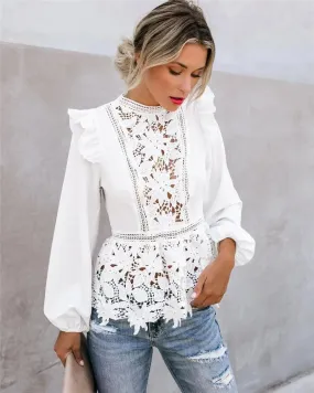 Boho Long Sleeve Floral Lace White Hollow Back Shirt Blouse for Women