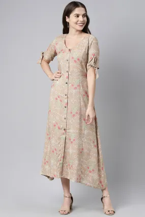 Brown Pure Cotton Floral Print A-Line Midi Dress