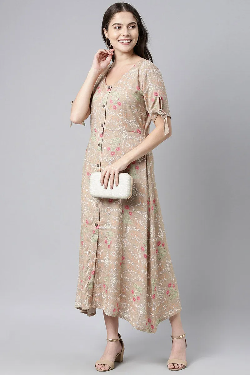 Brown Pure Cotton Floral Print A-Line Midi Dress