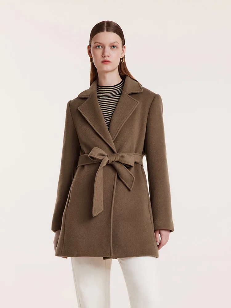 Brown Tencel Wool Notched Lapel Coat With Belt