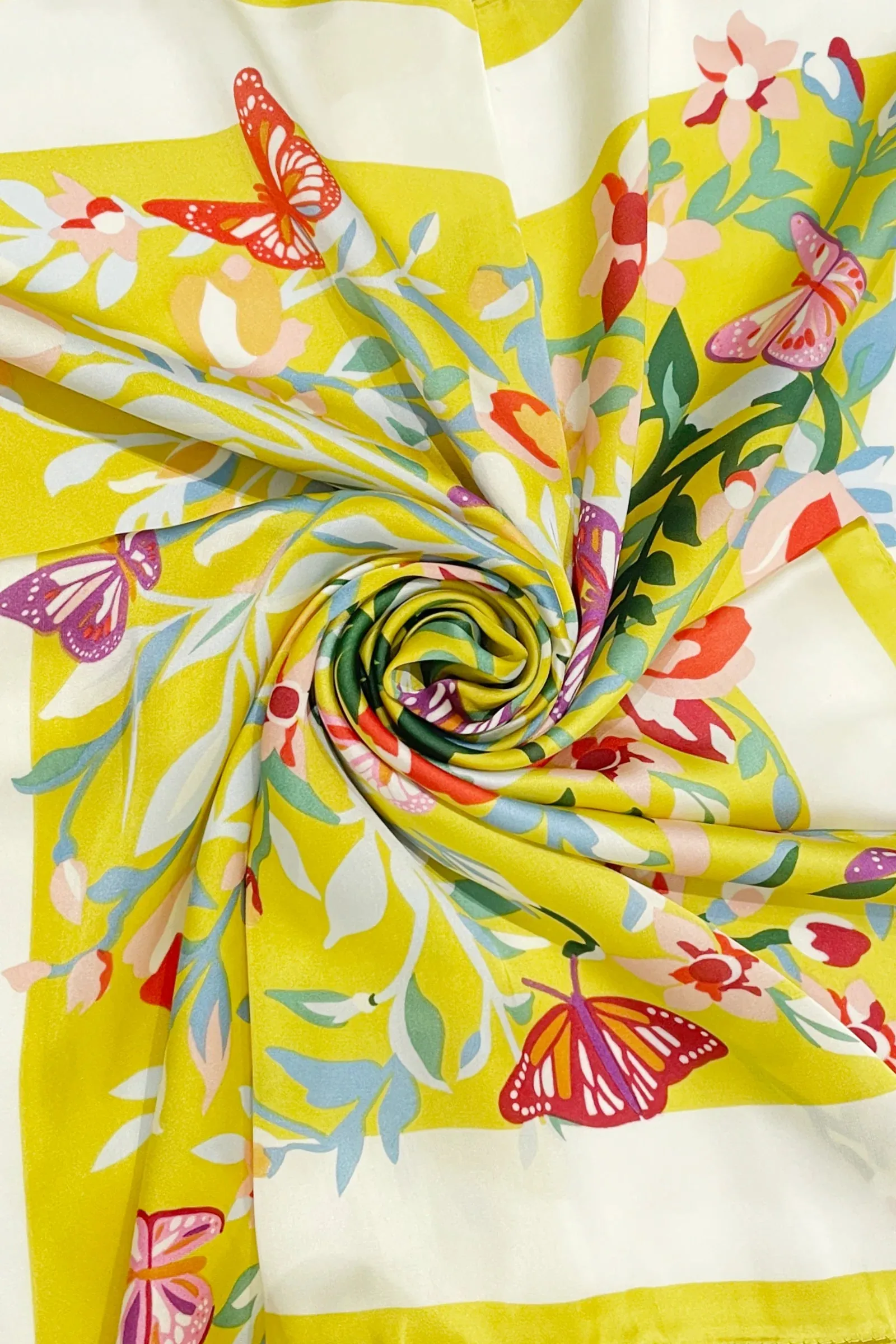 Butterfly Floral Border Print Square Scarf - Yellow