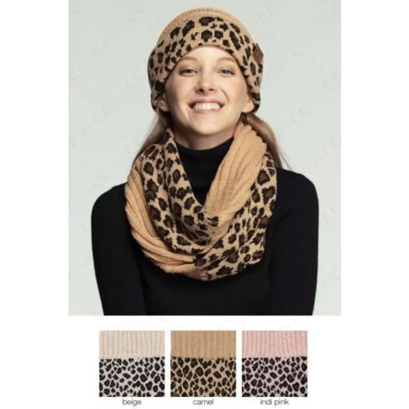 C.C Ribbed Knit Leopard Pattern Infinity Scarf