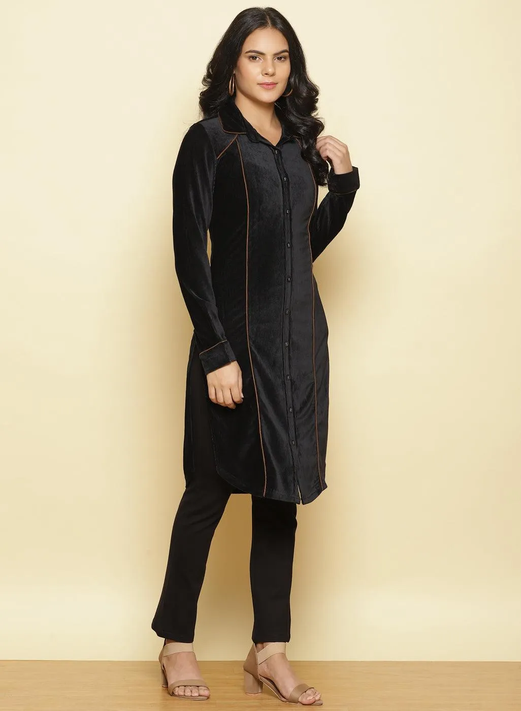 Charcoal Black Velvet Pintuck Kurti