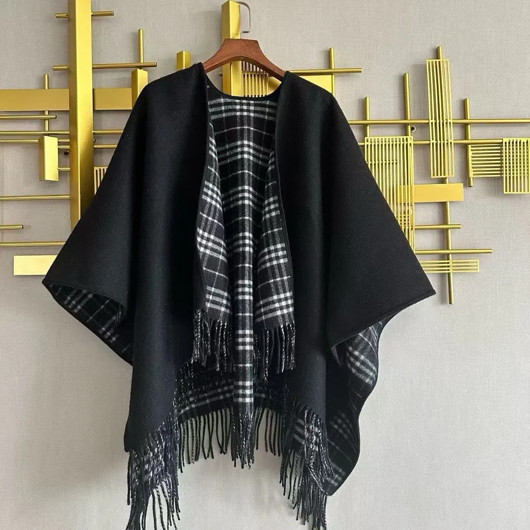 CHECK DOUBLE-SIDED CAPE 150 CM IN BLACK CASHMERE 401927