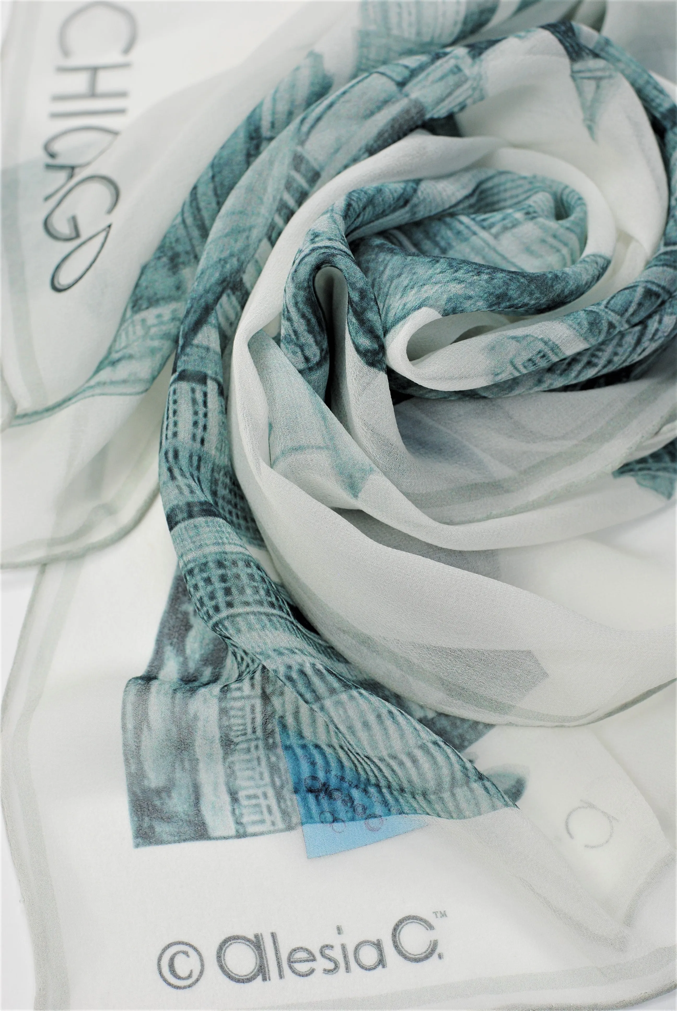 CHICAGO Skyline Designer 100% Silk Georgette Long Rectangle Scarf in Grey White